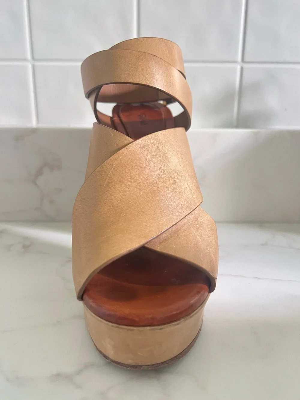 Authentic Chloe Tan Crossover Ankle Strap Platform Heels - Women’s 38.5
